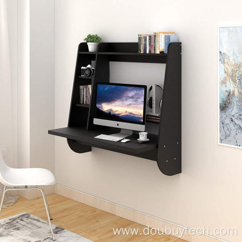 Wall Mounted Floating Computer Desk with Wood Shelves